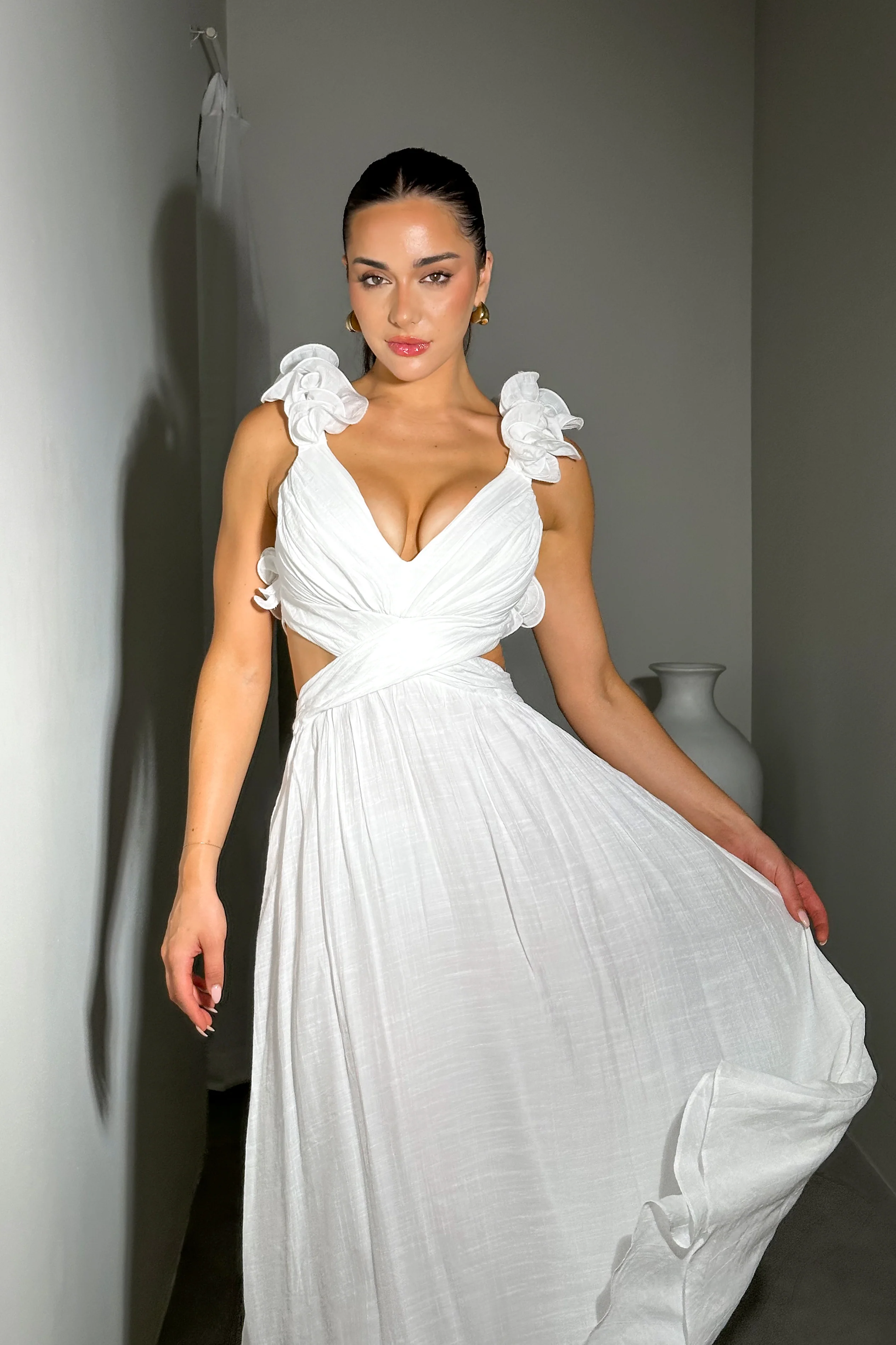 Elegant White Draped Maxi Dress